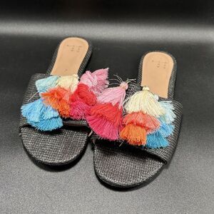 A New Day Flats Women's Size 8.5 Black Multicolor Tassels Slip On Sandals